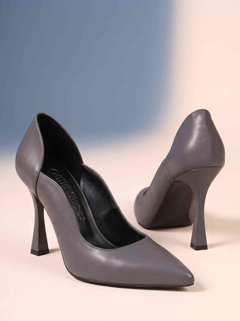 Gri Mat Kavisli Yan Dekolteli Sivri Burun Stiletto Topuklu Ayakkabı arkadan görünüm
