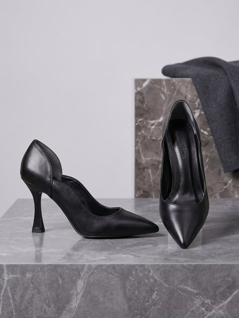 Siyah Mat Sivri Burun Stiletto Kavisli Yan Dekolteli İnce Topuklu Kadın Ayakkabı Vegan Deri ve Hafızalı Ped 3