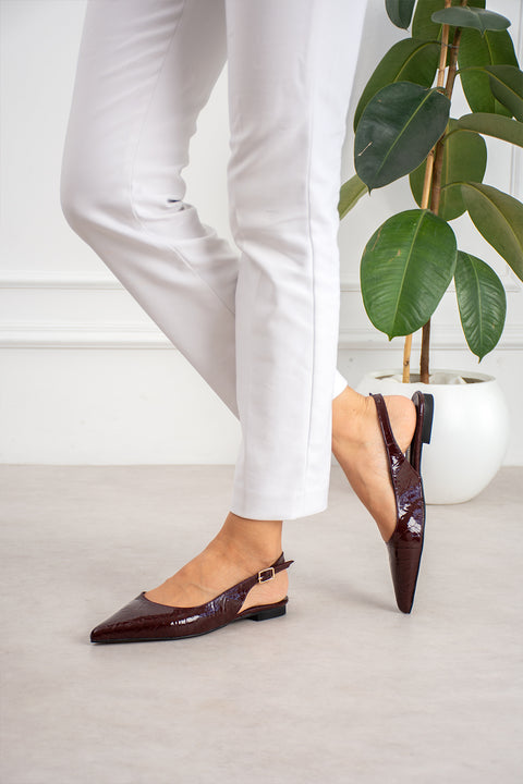 Bordo Kırışık Rugan Babet Sivri Burun Arkası Açık Tokalı Slingback Ayakkabı 3