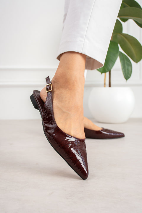 Bordo Kırışık Rugan Babet Sivri Burun Arkası Açık Tokalı Slingback Ayakkabı 4