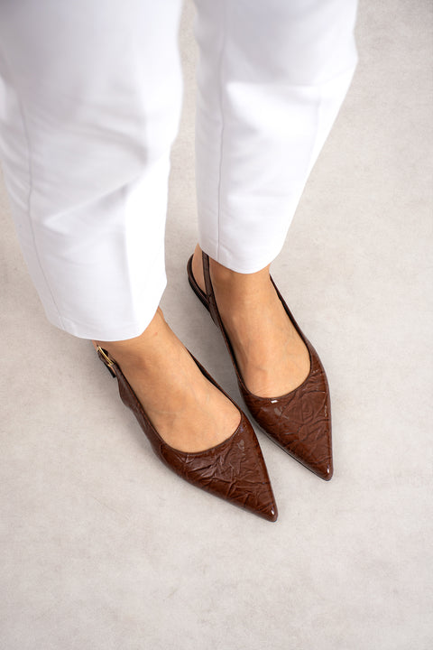 Kahverengi Kırışık Rugan Babet Sivri Burun Arkası Açık Tokalı Slingback Ayakkabı 4
