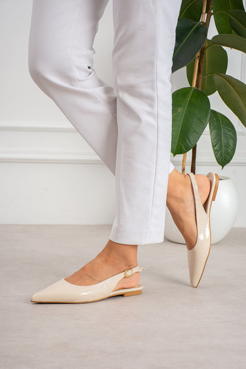 Krem Kırışık Rugan Babet Sivri Burun Arkası Açık Tokalı Slingback Ayakkabı 2