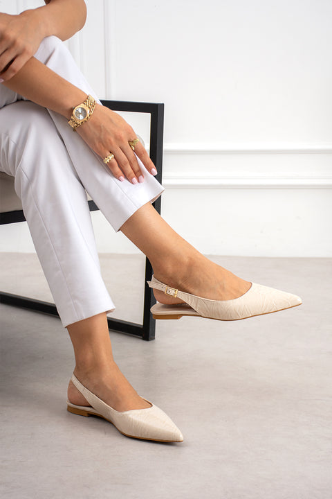 Krem Kırışık Rugan Babet Sivri Burun Arkası Açık Tokalı Slingback Ayakkabı 3
