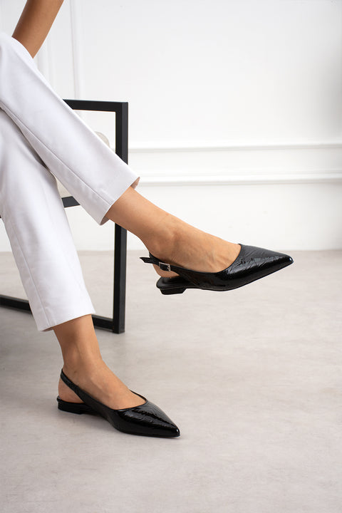 Siyah Kırışık Rugan Babet Sivri Burun Arkası Açık Tokalı Slingback Ayakkabı 2