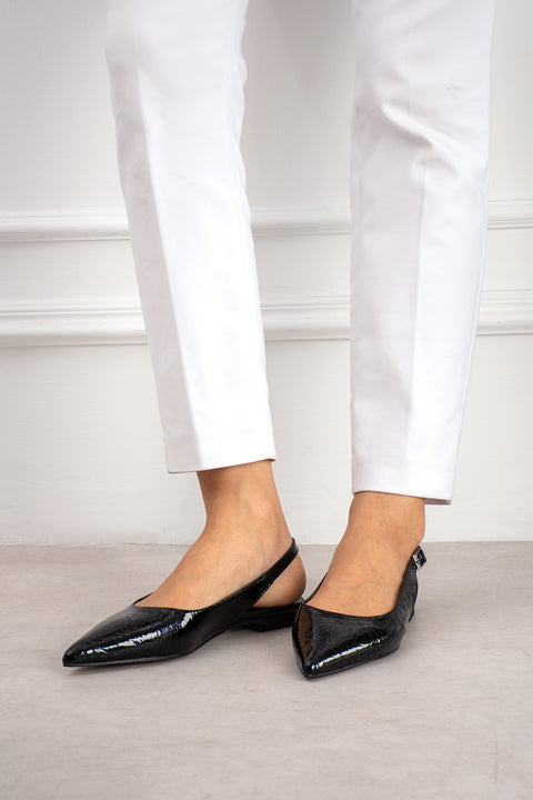 Siyah Kırışık Rugan Babet Sivri Burun Arkası Açık Tokalı Slingback Ayakkabı 3
