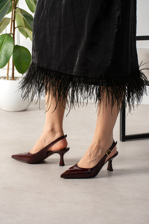 Bordo Kırışık Rugan Topuklu Ayakkabı Stiletto Slingback Tokalı Bant Sivri Burun İnce Kadeh Topuk  3