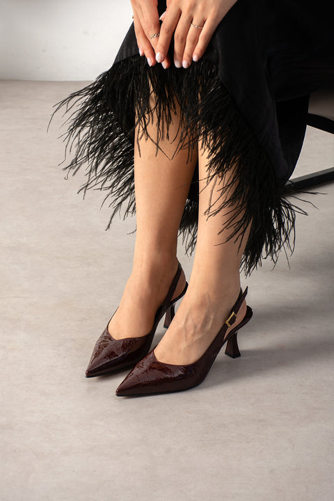 Bordo Kırışık Rugan Topuklu Ayakkabı Stiletto Slingback Tokalı Bant Sivri Burun İnce Kadeh Topuk  4