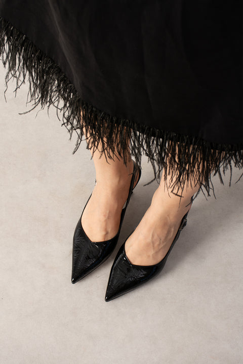 Siyah Kırışık Rugan Topuklu Ayakkabı Stiletto Slingback Tokalı Bant Sivri Burun İnce Kadeh Topuk  4