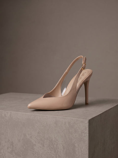 Bej Rugan Rugan Şeffaf Detaylı Slingback Stiletto Sivri Burun Altın Tokalı İnce Topuk 1