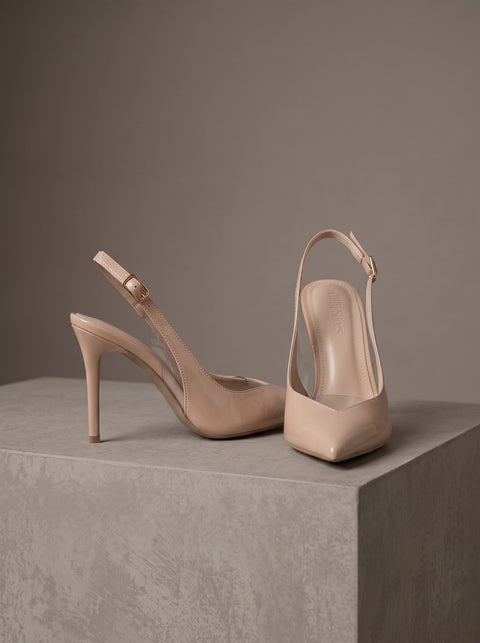 Bej Rugan Rugan Şeffaf Detaylı Slingback Stiletto Sivri Burun Altın Tokalı İnce Topuk 2