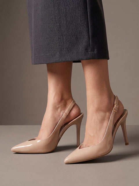 Bej Rugan Rugan Şeffaf Detaylı Slingback Stiletto Sivri Burun Altın Tokalı İnce Topuk 5
