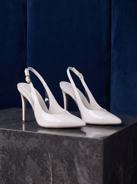 Beyaz Rugan Rugan Şeffaf Detaylı Slingback Stiletto Sivri Burun Altın Tokalı İnce Topuk 4
