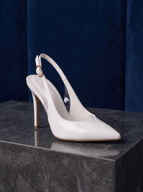 Beyaz Rugan Rugan Şeffaf Detaylı Slingback Stiletto Sivri Burun Altın Tokalı İnce Topuk 5