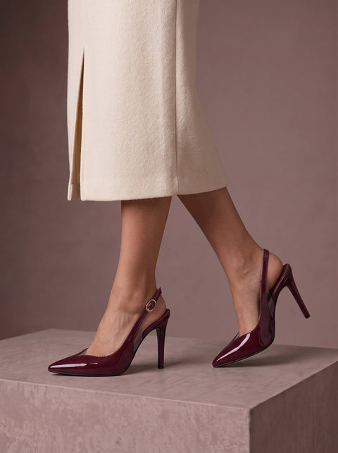 Bordo Rugan Rugan Şeffaf Detaylı Slingback Stiletto Sivri Burun Altın Tokalı İnce Topuk 1