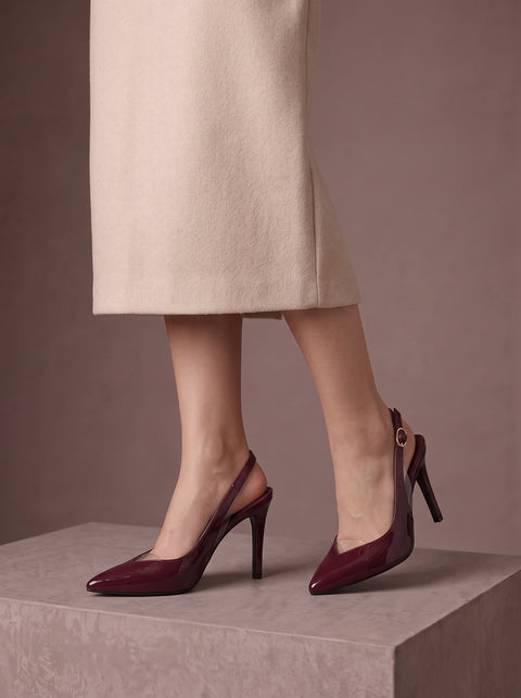 Bordo Rugan Rugan Şeffaf Detaylı Slingback Stiletto Sivri Burun Altın Tokalı İnce Topuk 2