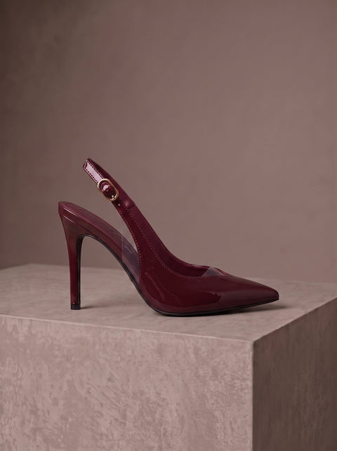 Bordo Rugan Rugan Şeffaf Detaylı Slingback Stiletto Sivri Burun Altın Tokalı İnce Topuk 3