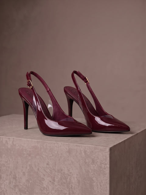 Bordo Rugan Rugan Şeffaf Detaylı Slingback Stiletto Sivri Burun Altın Tokalı İnce Topuk 4