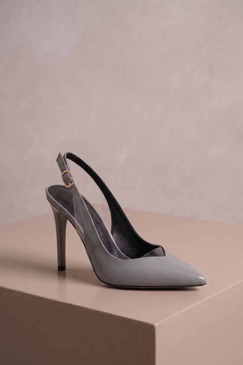 Gri Rugan Rugan Şeffaf Detaylı Slingback Stiletto Sivri Burun Altın Tokalı İnce Topuk 4