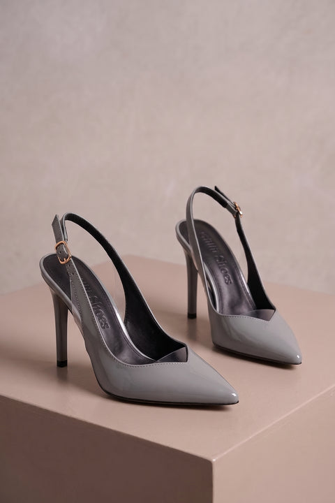 Gri Rugan Rugan Şeffaf Detaylı Slingback Stiletto Sivri Burun Altın Tokalı İnce Topuk 5