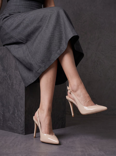 Krem Rugan Rugan Şeffaf Detaylı Slingback Stiletto Sivri Burun Altın Tokalı İnce Topuk 3