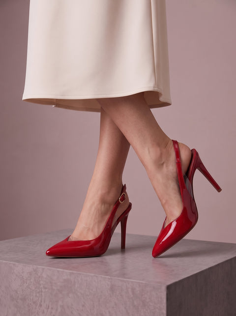 Kırmızı Rugan Rugan Şeffaf Detaylı Slingback Stiletto Sivri Burun Altın Tokalı İnce Topuk 1