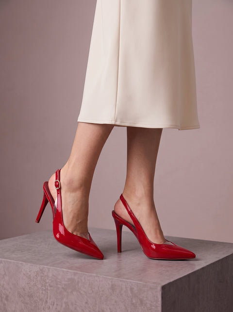 Kırmızı Rugan Rugan Şeffaf Detaylı Slingback Stiletto Sivri Burun Altın Tokalı İnce Topuk 2