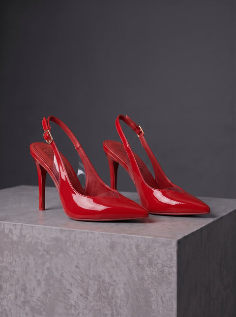 Kırmızı Rugan Rugan Şeffaf Detaylı Slingback Stiletto Sivri Burun Altın Tokalı İnce Topuk 3