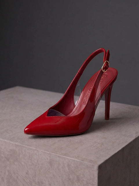 Kırmızı Rugan Rugan Şeffaf Detaylı Slingback Stiletto Sivri Burun Altın Tokalı İnce Topuk 4
