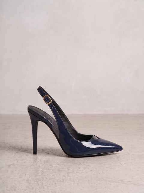 Lacivert Rugan Rugan Şeffaf Detaylı Slingback Stiletto Sivri Burun Altın Tokalı İnce Topuk 2