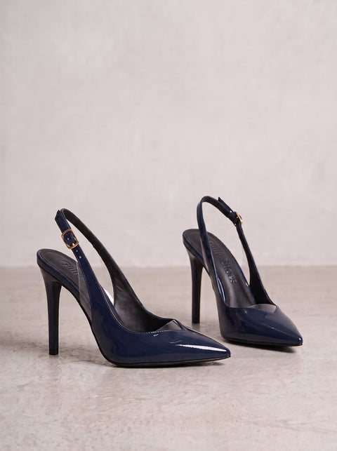 Lacivert Rugan Rugan Şeffaf Detaylı Slingback Stiletto Sivri Burun Altın Tokalı İnce Topuk 3
