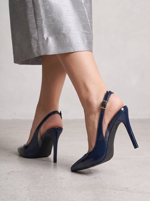 Lacivert Rugan Rugan Şeffaf Detaylı Slingback Stiletto Sivri Burun Altın Tokalı İnce Topuk 5