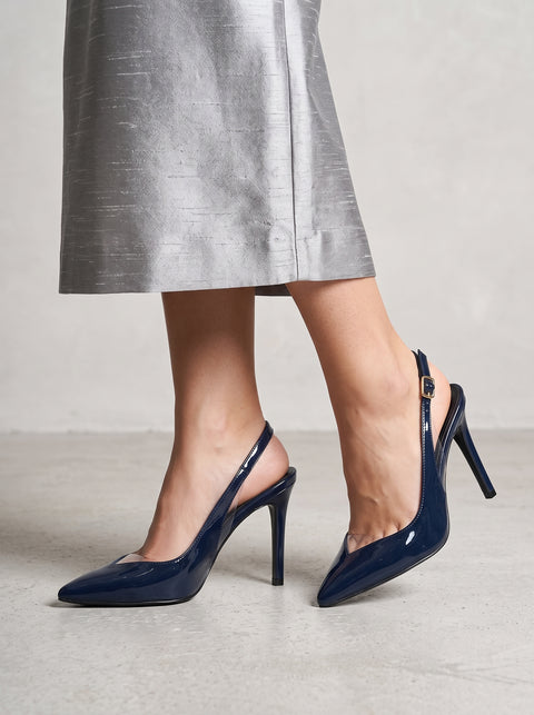 Lacivert Rugan Rugan Şeffaf Detaylı Slingback Stiletto Sivri Burun Altın Tokalı İnce Topuk 6