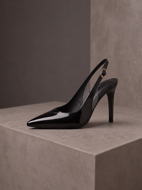 Siyah Rugan Rugan Şeffaf Detaylı Slingback Stiletto Sivri Burun Altın Tokalı İnce Topuk 1