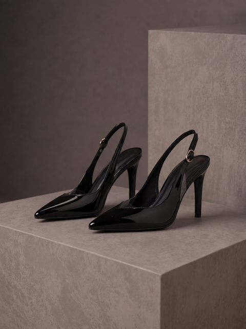 Siyah Rugan Rugan Şeffaf Detaylı Slingback Stiletto Sivri Burun Altın Tokalı İnce Topuk 2
