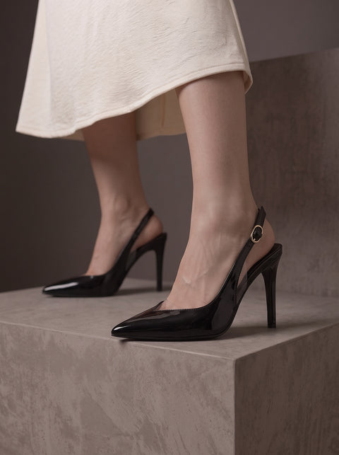 Siyah Rugan Rugan Şeffaf Detaylı Slingback Stiletto Sivri Burun Altın Tokalı İnce Topuk 3