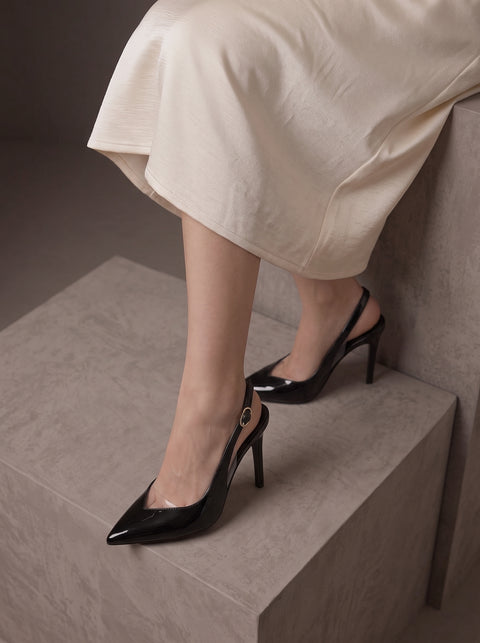 Siyah Rugan Rugan Şeffaf Detaylı Slingback Stiletto Sivri Burun Altın Tokalı İnce Topuk 4