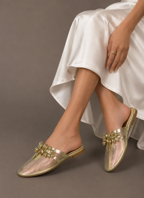 Kadın Gold Rugan Büyük Taş Tokalı Transparan Mesh Detaylı Oval Burun Arkası Açık Babet