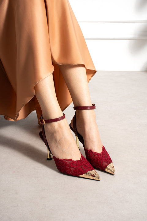 Kadın Bordo Dantel Taşlı Altın Sivri Burun Bilekten Bağlamalı Gelin Abiye Stiletto Topuklu Ayakkabı