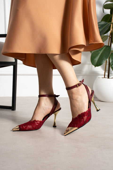 Kadın Bordo Dantel Taşlı Altın Sivri Burun Bilekten Bağlamalı Gelin Abiye Stiletto Topuklu Ayakkabı
