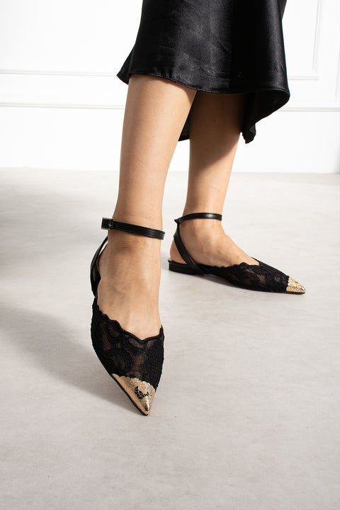 Siyah Dantel İşlemeli Slingback Kadın Babet – Sivri Burun, Bilekten Bantlı Zarif Model