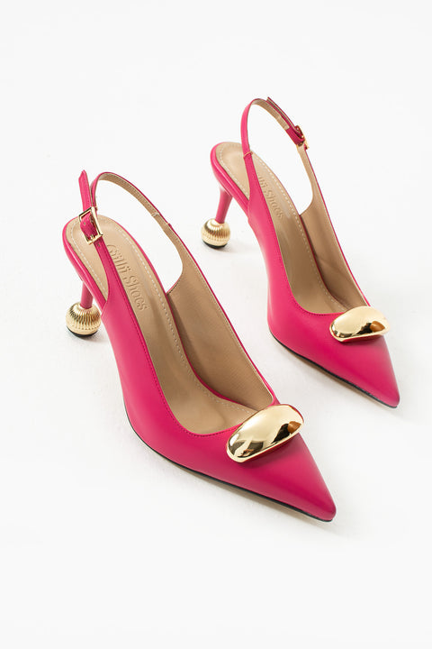 Vegan Deri Stiletto – 7cm İnce Topuklu Gold Detaylı Şık Günlük ve Ofis Uyumlu Kadın Ayakkabı