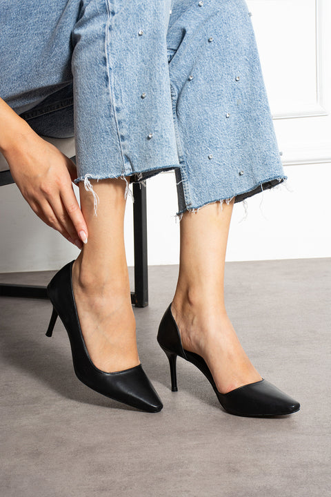 Mat Siyah Vegan Deri Stiletto – 7 cm İnce Topuklu Rahat Günlük Ofis Ayakkabısı