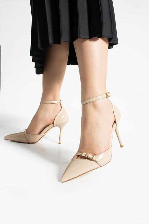 Parlak Kırışık Vegan Deri Stiletto – 9cm İnce Topuklu Sivri Burun Şık Kadın Ayakkabı