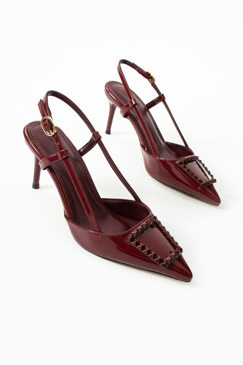 Parlak Bej Stiletto |Vegan Deri,7cm Topuklu, Bilekten Bantlı,Tokalı Sivri Burun Şık Topuklu Ayakkabı