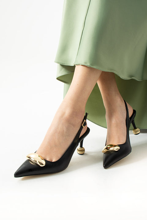 Vegan Deri Stiletto – 7cm İnce Topuklu Gold Detaylı Şık Günlük ve Ofis Uyumlu Kadın Ayakkabı