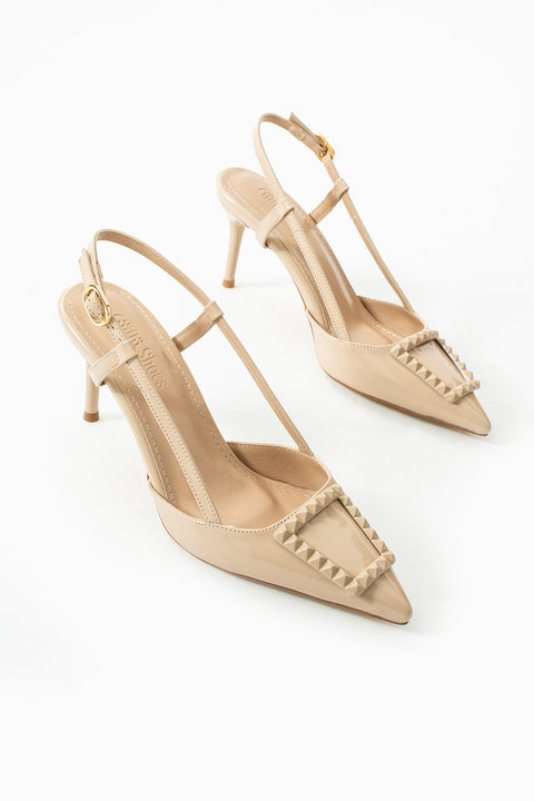 Parlak Bej Stiletto |Vegan Deri,7cm Topuklu, Bilekten Bantlı,Tokalı Sivri Burun Şık Topuklu Ayakkabı