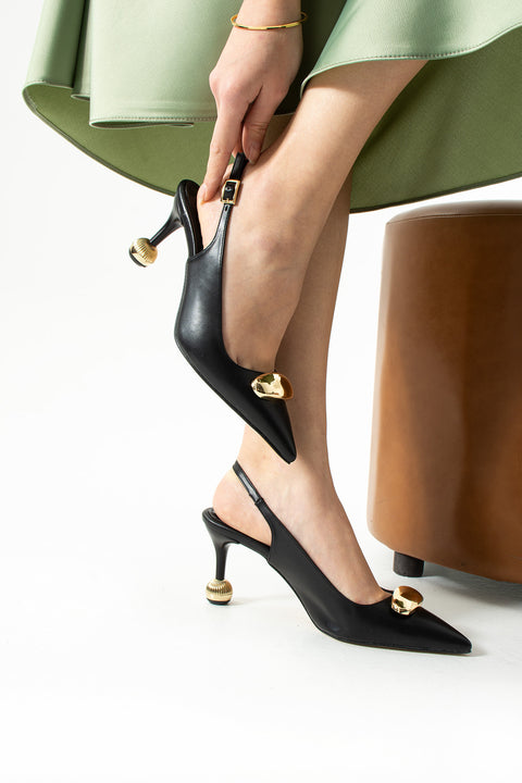 Vegan Deri Stiletto – 7cm İnce Topuklu Gold Detaylı Şık Günlük ve Ofis Uyumlu Kadın Ayakkabı