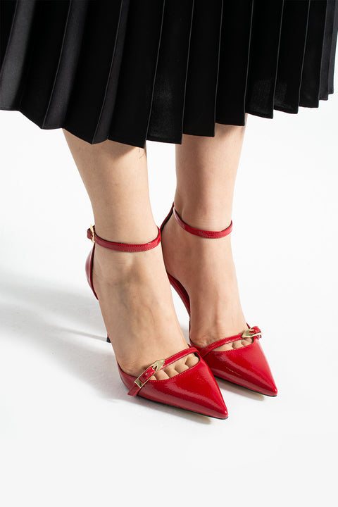 Parlak Kırışık Vegan Deri Stiletto – 9cm İnce Topuklu Sivri Burun Şık Kadın Ayakkabı