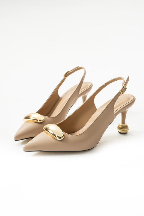 Vegan Deri Stiletto – 7cm İnce Topuklu Gold Detaylı Şık Günlük ve Ofis Uyumlu Kadın Ayakkabı