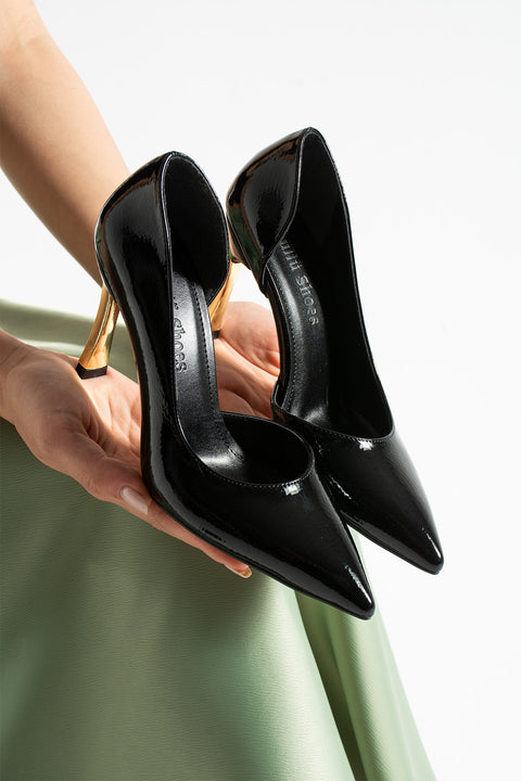 Rugan 9 Cm Altın Kaplama Kadın Topuklu Stiletto Ayakkabı Vegan Deri Günlük ve Özel Gün